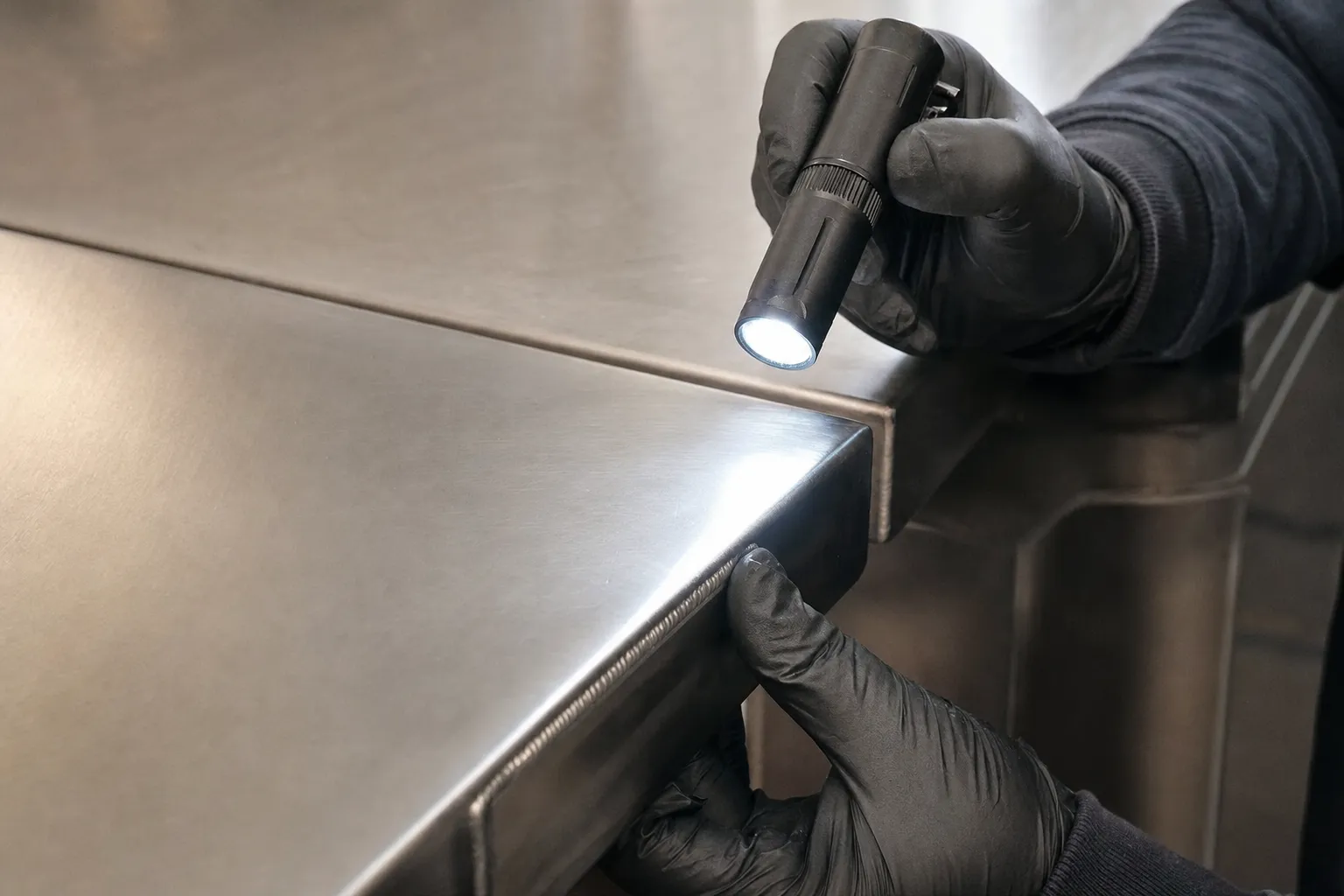Close-up of a weld on a stainless steel worktop being inspected