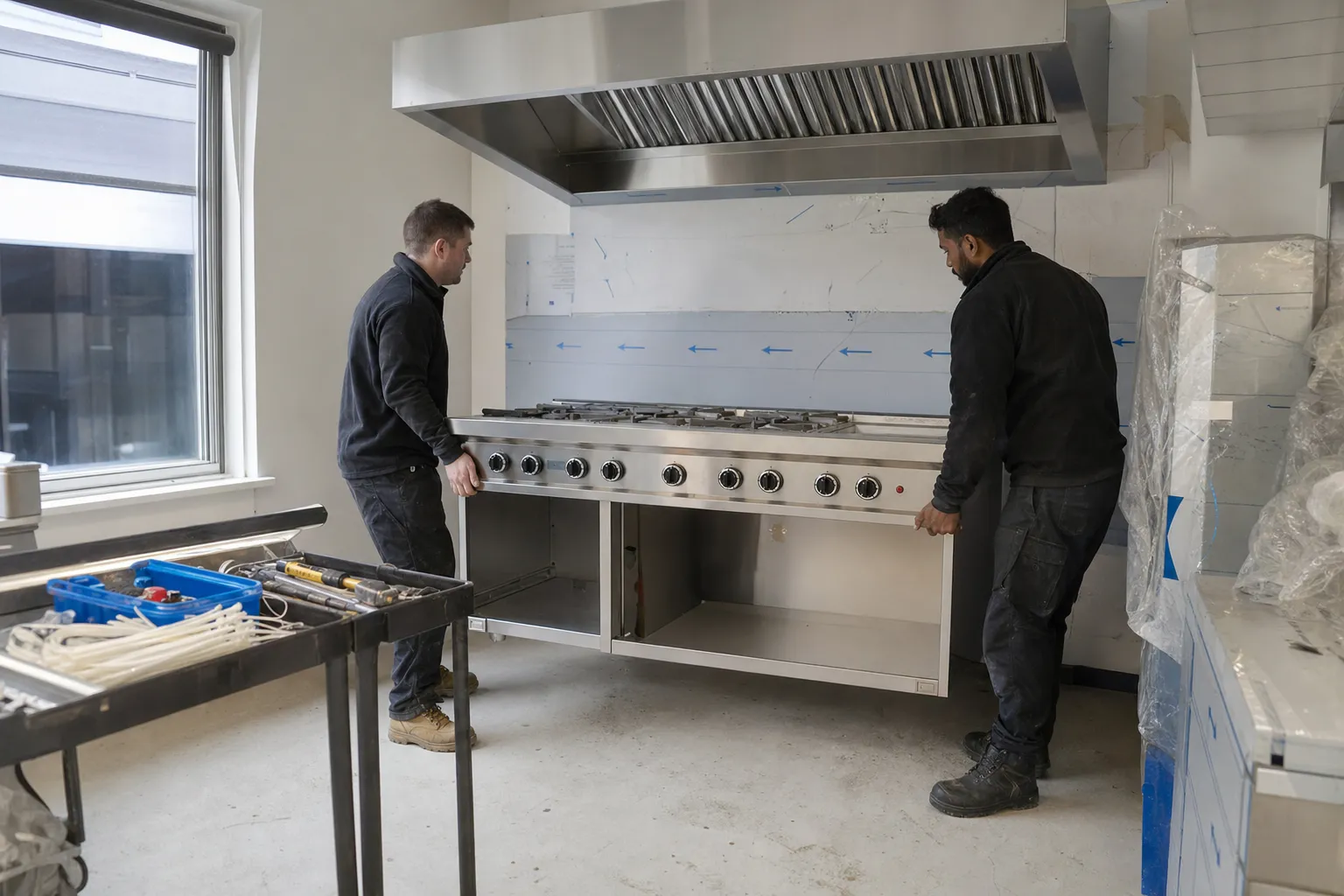 Technicians positioning a stainless steel range under an extraction hood
