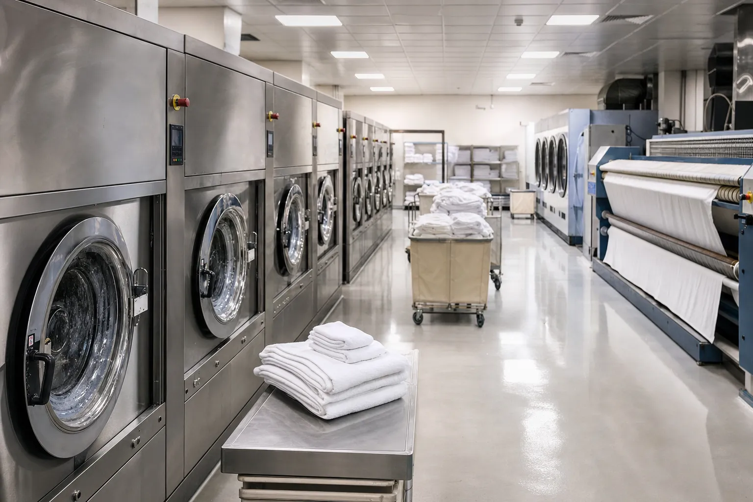 Commercial hotel laundry with washer-extractors and a flatwork ironer (illustrative)