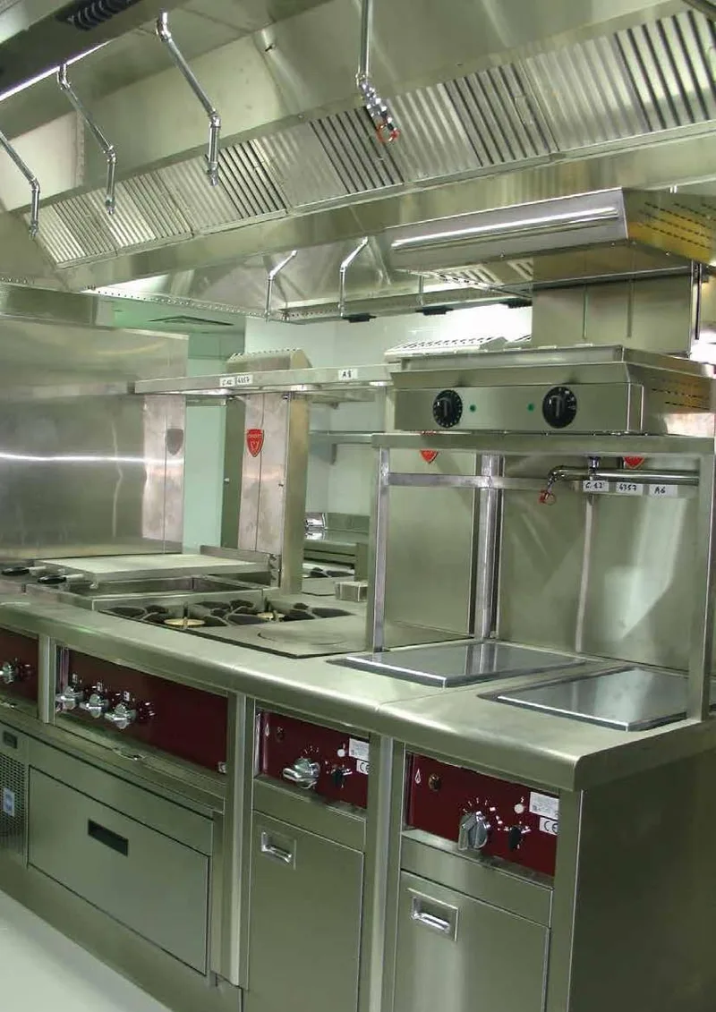 Cooking line with induction and griddles at Scott's seafood restaurant