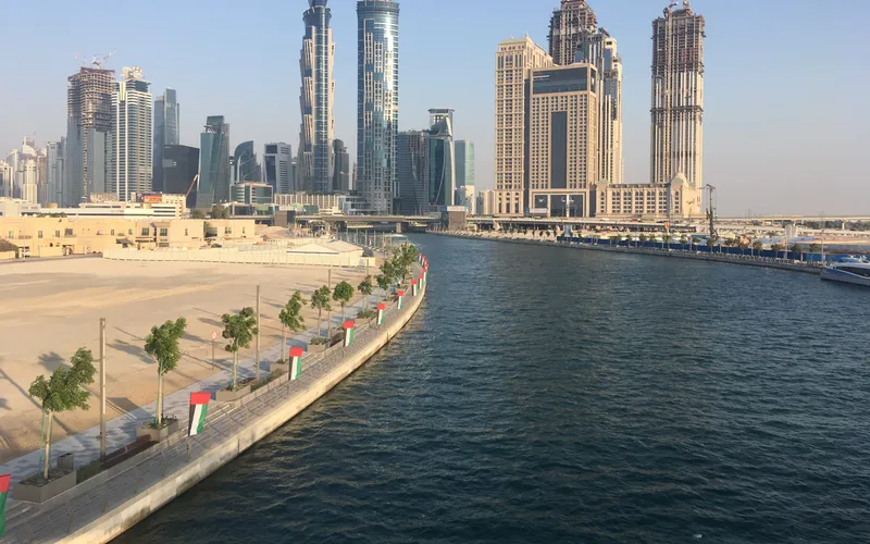 Business Bay skyline from the Dubai Water Canal (JW Marriott Marquis, Al Habtoor City); not the Dorchester building