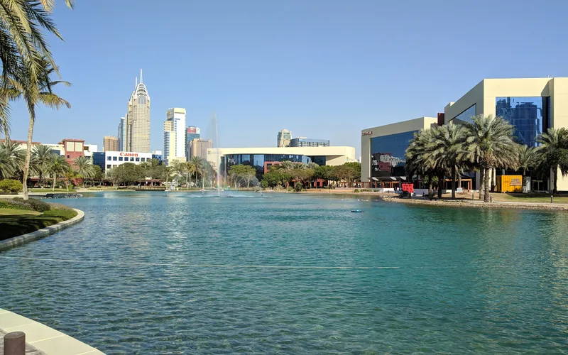 Dubai Internet City lake and office campus (Microsoft, Oracle, Canon buildings); not the Google hub itself