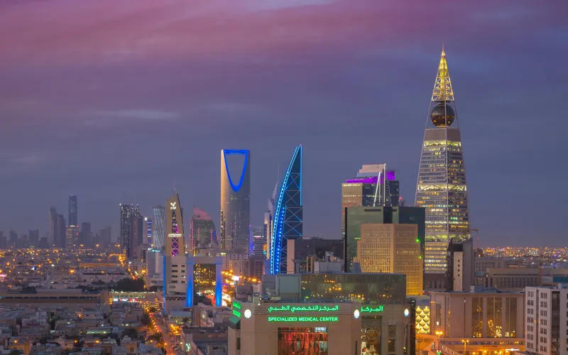 Riyadh skyline at dusk: Al Faisaliah, Kingdom Centre and Olaya towers